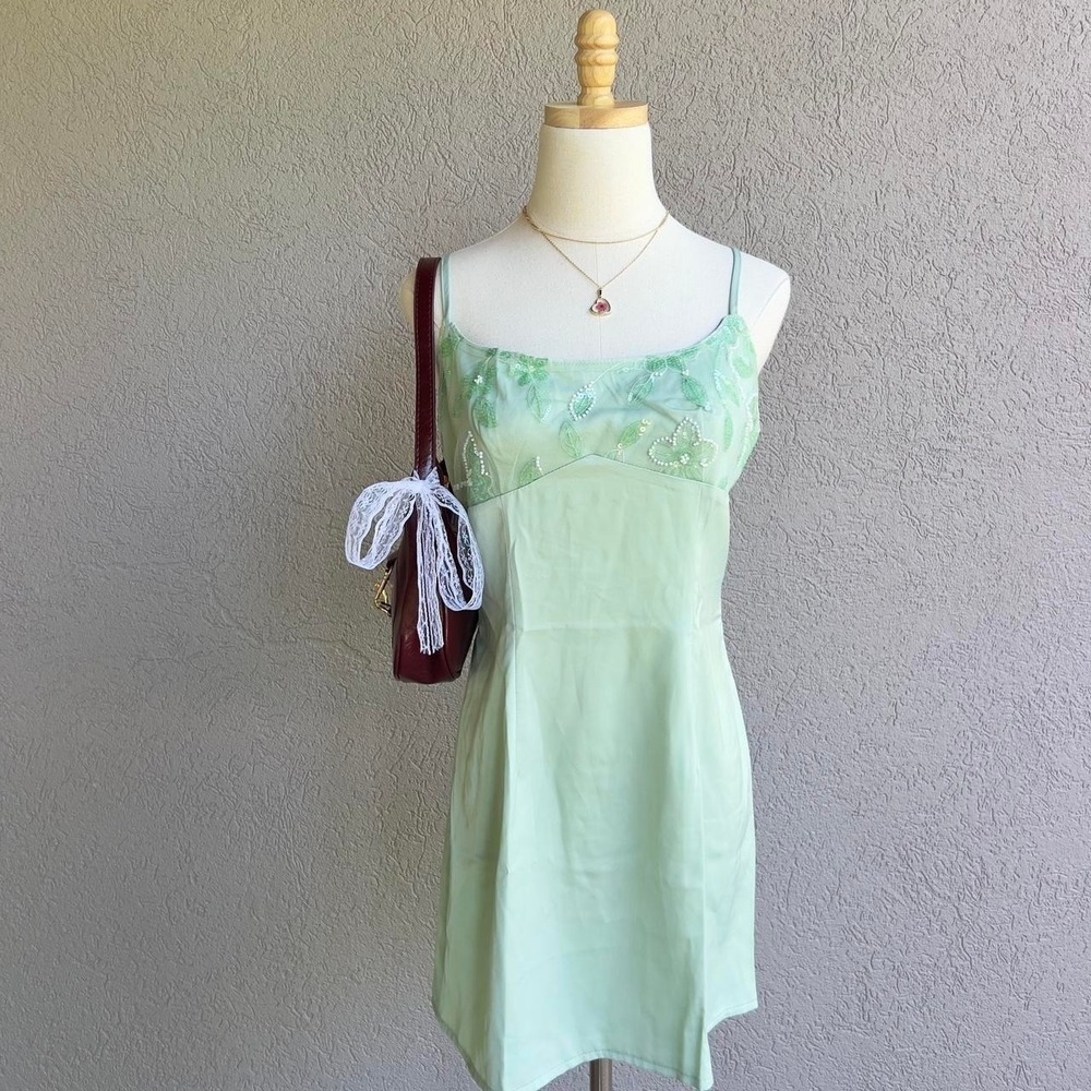 Green Beaded Fairy Mini Dress w/ Sequins Size Medium Whimsical Preppy